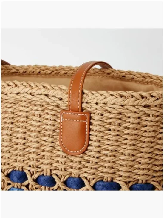 Straw Woven Tote Bag Shoulder Handbag Beach Vacation Travel Purse - Picture 6 of 7